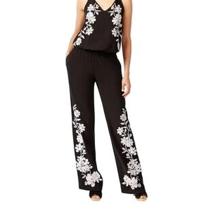 I.N.C. Floral Appliques Embroidered‎ Jumpsuit Womens M Black/White